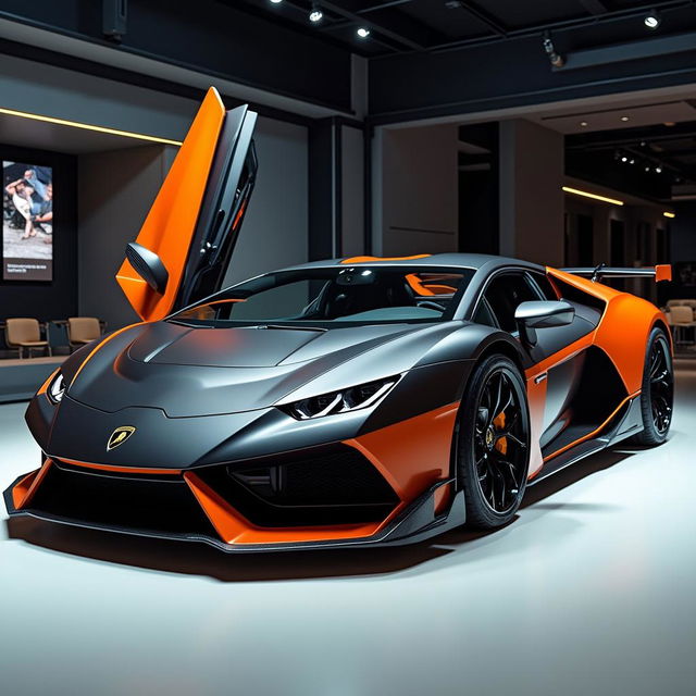 An exquisite Lamborghini Zagato Raptor, showcasing its sleek and aerodynamic design with a striking two-tone color scheme of matte black and bright orange accents that enhance its aggressive look