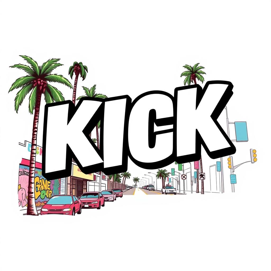 A bold graphic design featuring the word "KICK" in a large, dynamic font that captures the energy of an urban environment