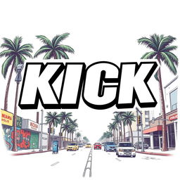 A bold graphic design featuring the word "KICK" in a large, dynamic font that captures the energy of an urban environment