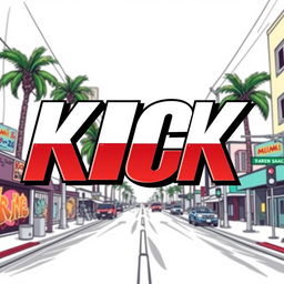 A bold graphic design featuring the word "KICK" in a large, dynamic font that captures the energy of an urban environment