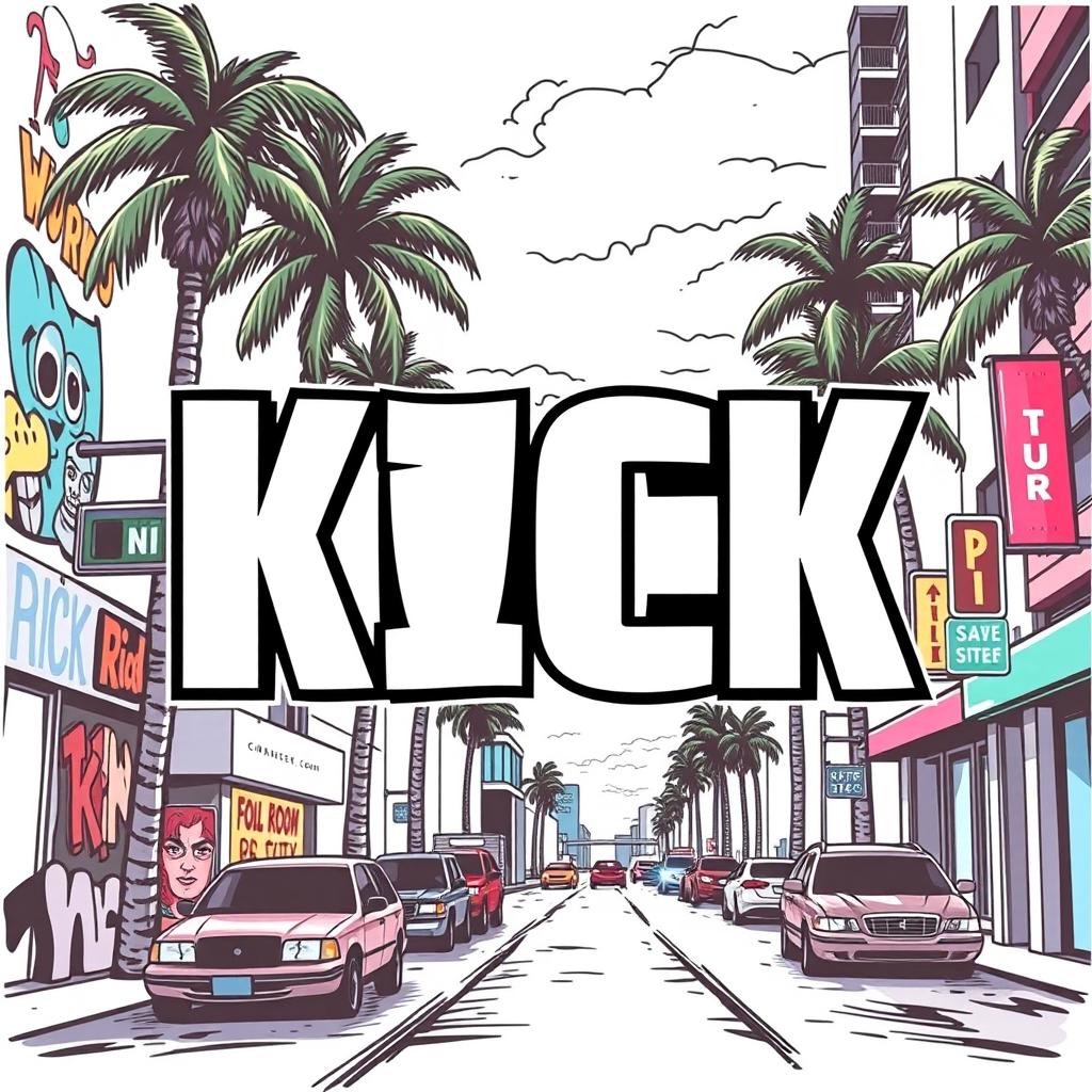 A bold graphic design featuring the word "KICK" in a large, dynamic font that captures the energy of an urban environment