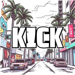 A bold graphic design featuring the word "KICK" in a large, dynamic font that captures the energy of an urban environment