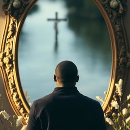 A powerful and introspective scene featuring a Black man standing in front of a large, ornate mirror or a calm body of water, gazing thoughtfully at his reflection