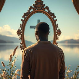 A powerful and introspective scene featuring a Black man standing in front of a large, ornate mirror or a calm body of water, gazing thoughtfully at his reflection