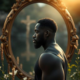 A powerful and introspective scene featuring a Black man standing in front of a large, ornate mirror or a calm body of water, gazing thoughtfully at his reflection