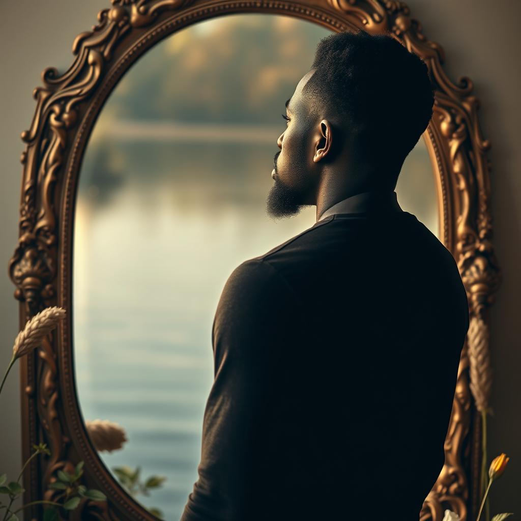 A powerful and introspective scene featuring a Black man standing in front of a large, ornate mirror or a calm body of water, gazing thoughtfully at his reflection