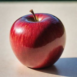 A pristine and wholesome red apple, bathed in soft sunlight. Its glossy skin reflects the light, showcasing its natural freshness.