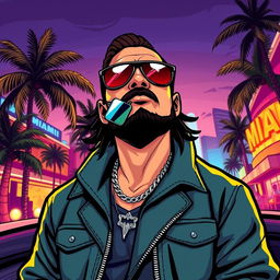 A stylish and bold illustration of a Miami gangster in a Grand Theft Auto (GTA) style