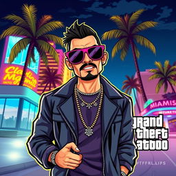 A stylish and bold illustration of a Miami gangster in a Grand Theft Auto (GTA) style