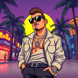 A stylish and bold illustration of a Miami gangster in a Grand Theft Auto (GTA) style