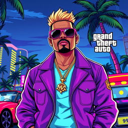 A stylish and bold illustration of a Miami gangster in a Grand Theft Auto (GTA) style