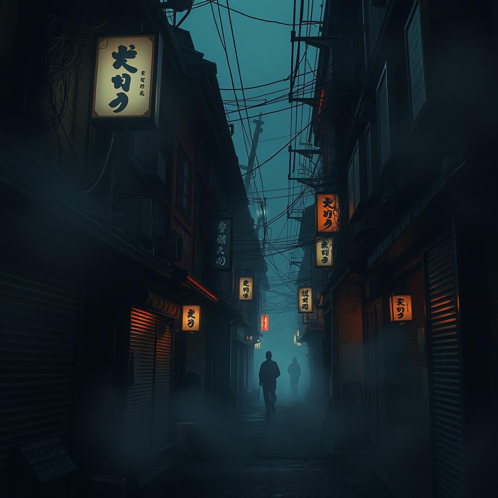 A dark, eerie street in a Japanese city, evoking a horror atmosphere