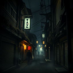 A dark, eerie street in a Japanese city, evoking a horror atmosphere