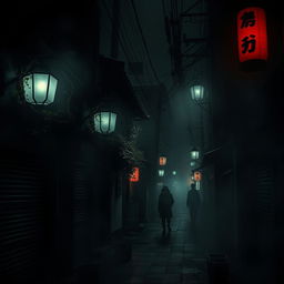 A dark, eerie street in a Japanese city, evoking a horror atmosphere