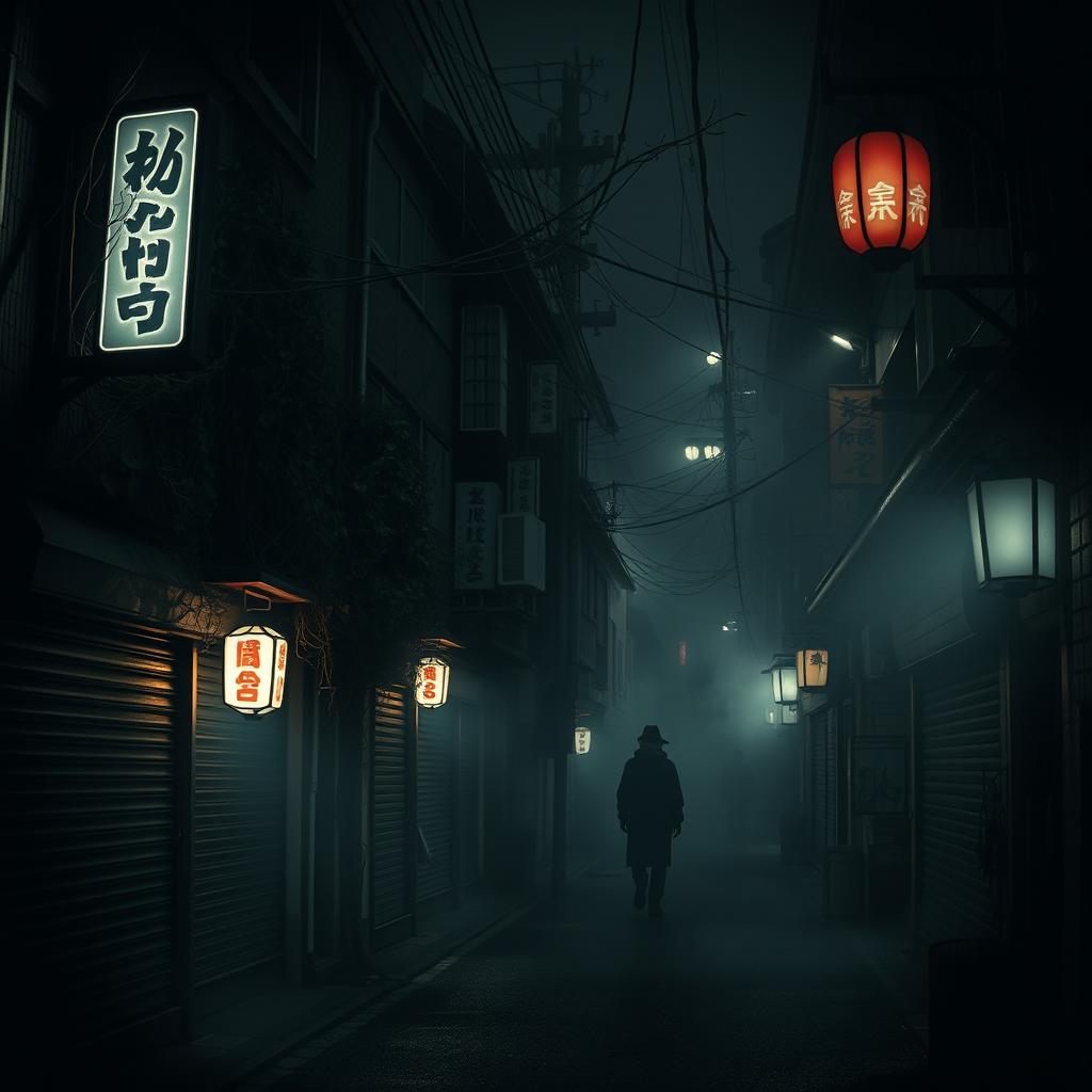 A dark, eerie street in a Japanese city, evoking a horror atmosphere