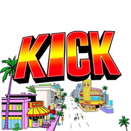 A visually striking poster featuring the word 'KICK' in large, bold Avenger-style font