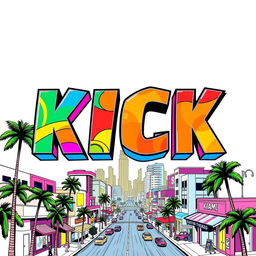 A visually striking poster featuring the word 'KICK' in large, bold Avenger-style font