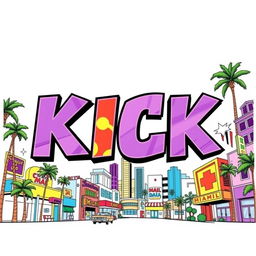 A visually striking poster featuring the word 'KICK' in large, bold Avenger-style font