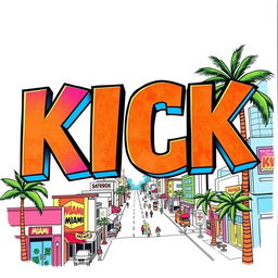 A visually striking poster featuring the word 'KICK' in large, bold Avenger-style font