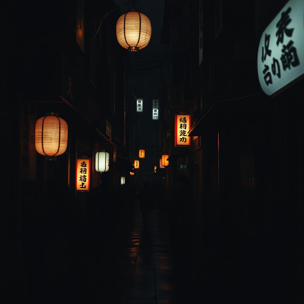 A dark, shadowy street in a Japanese city, filled with mysterious and haunting atmospheres