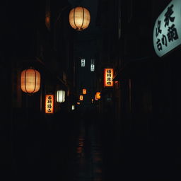 A dark, shadowy street in a Japanese city, filled with mysterious and haunting atmospheres