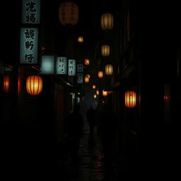 A dark, shadowy street in a Japanese city, filled with mysterious and haunting atmospheres