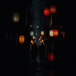 A dark, shadowy street in a Japanese city, filled with mysterious and haunting atmospheres