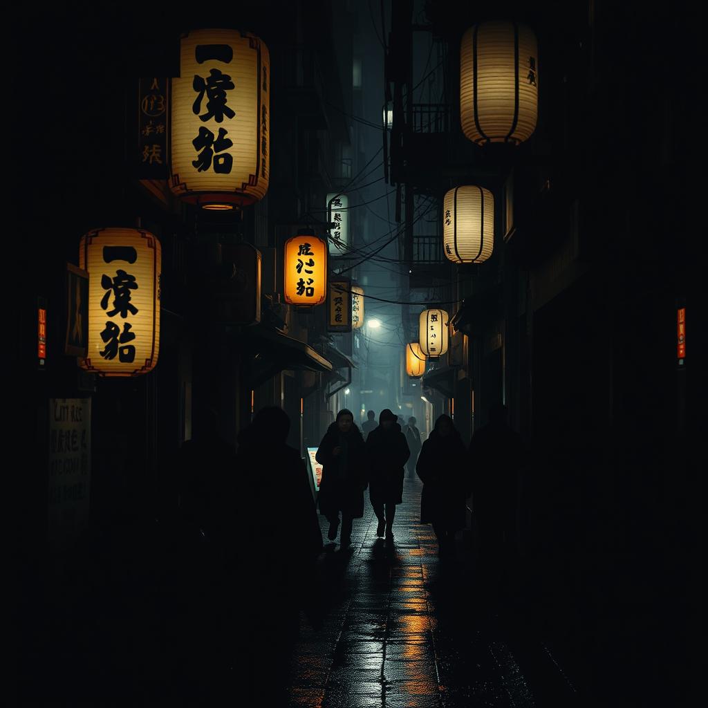 A dark, shadowy street in a Japanese city, filled with mysterious and haunting atmospheres