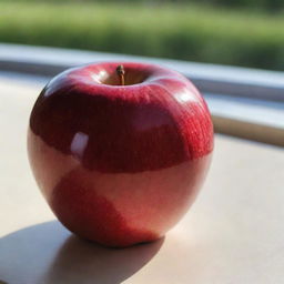 A pristine and wholesome red apple, bathed in soft sunlight. Its glossy skin reflects the light, showcasing its natural freshness.