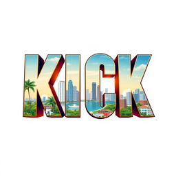 A vibrant and eye-catching poster featuring the word 'KICK' in large, bold Avenger-style font