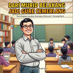 A book cover illustration for 'Dari Murid Belakang Jadi Guru Cemerlang'