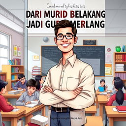 A book cover illustration for 'Dari Murid Belakang Jadi Guru Cemerlang'