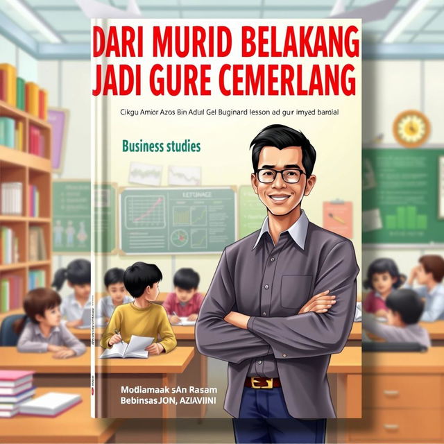 A book cover illustration for 'Dari Murid Belakang Jadi Guru Cemerlang'