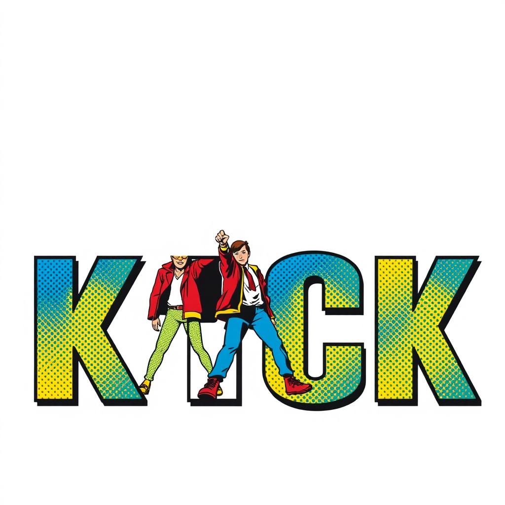 A striking poster featuring the word 'KICK' in large, bold Avenger-style font