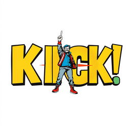 A striking poster featuring the word 'KICK' in large, bold Avenger-style font