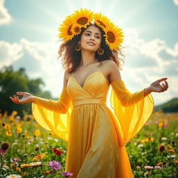 A radiant woman with sun-kissed skin, adorned with vibrant sunflower accessories in her hair, wearing a flowing golden dress that glitters in the sunlight