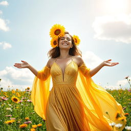 A radiant woman with sun-kissed skin, adorned with vibrant sunflower accessories in her hair, wearing a flowing golden dress that glitters in the sunlight