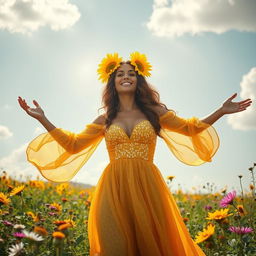 A radiant woman with sun-kissed skin, adorned with vibrant sunflower accessories in her hair, wearing a flowing golden dress that glitters in the sunlight