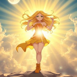 A powerful girl channeling the energy of the sun, standing confidently with bright rays of sunlight shining behind her