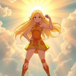 A powerful girl channeling the energy of the sun, standing confidently with bright rays of sunlight shining behind her