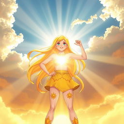 A powerful girl channeling the energy of the sun, standing confidently with bright rays of sunlight shining behind her