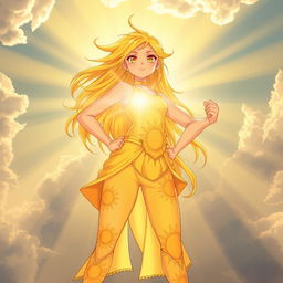 A powerful girl channeling the energy of the sun, standing confidently with bright rays of sunlight shining behind her