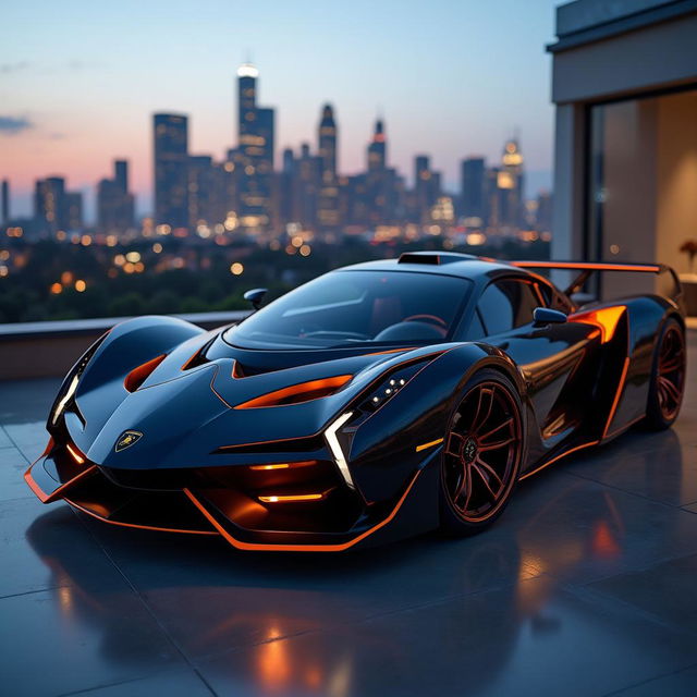 A stunning Lamborghini Egoista, renowned for its futuristic and aggressive design, showcased in a gleaming matte black finish with striking orange accents