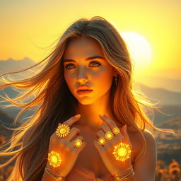 A beautiful young woman with glowing rings on her fingers, each radiating with the vibrant energy of the sun