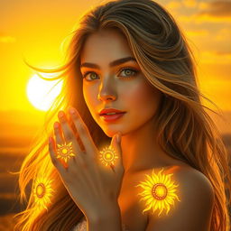 A beautiful young woman with glowing rings on her fingers, each radiating with the vibrant energy of the sun