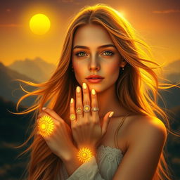 A beautiful young woman with glowing rings on her fingers, each radiating with the vibrant energy of the sun