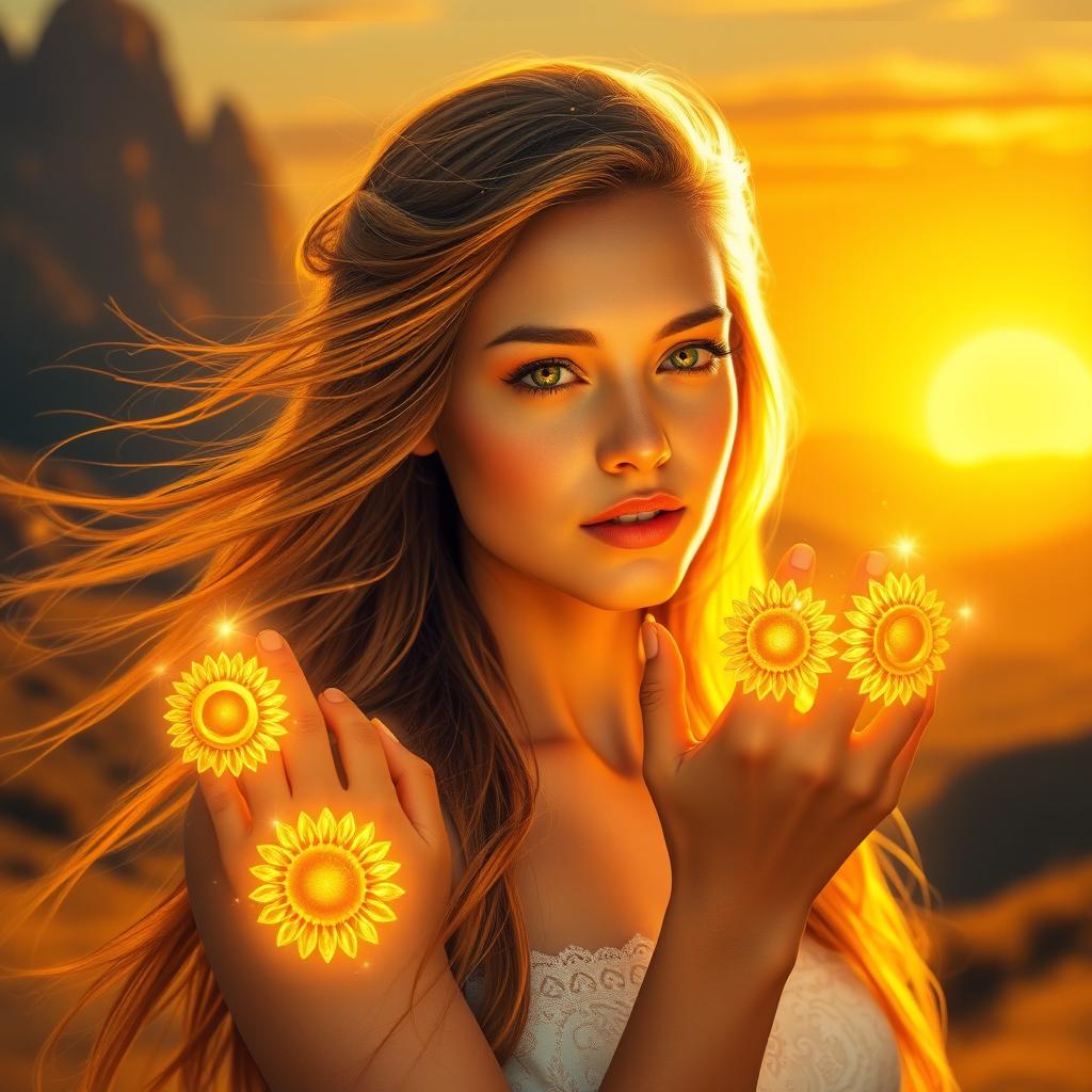 A beautiful young woman with glowing rings on her fingers, each radiating with the vibrant energy of the sun