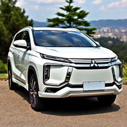 A brand new white Mitsubishi Xpander parked prominently in a picturesque outdoor setting