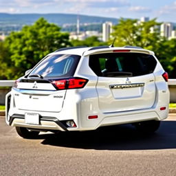 A brand new white Mitsubishi Xpander parked prominently in a picturesque outdoor setting