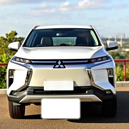 A brand new white Mitsubishi Xpander parked prominently in a picturesque outdoor setting